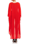 Model wearing long crimson red kimono facing back